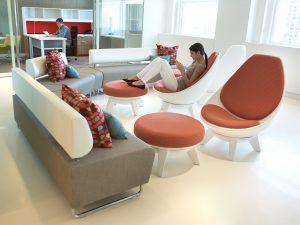 KI Sway Lounge Chair and Ottoman and Hub Lounge Furniture in Lobby Setting