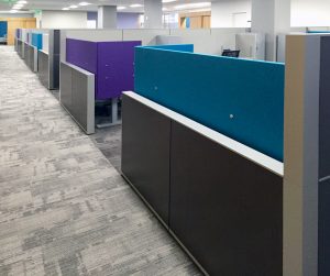 KI Unite Panel System with Toggle Tables and Adjustable Screens In Office Space