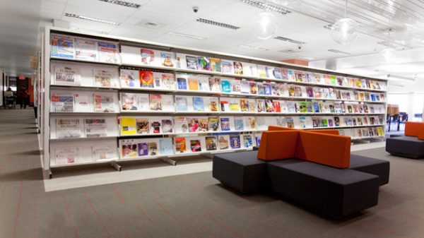 Library shelves by montel with Teknion DNA lounge furniture