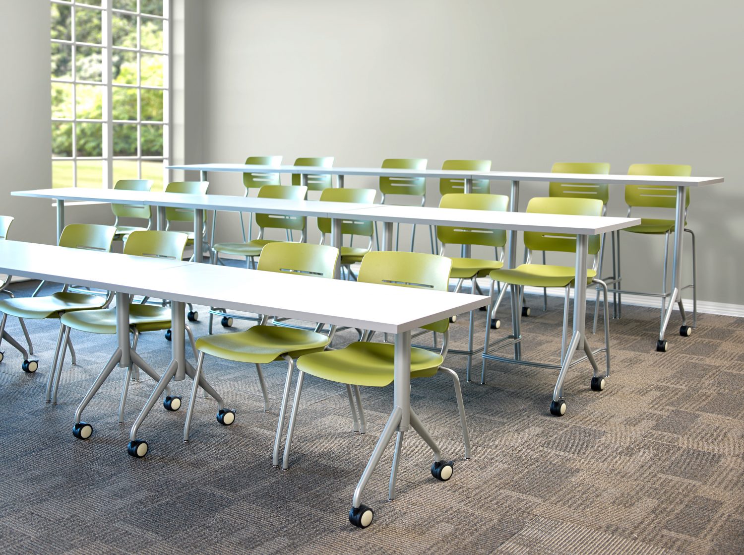 Classroom with tiered tables to create stadium seating